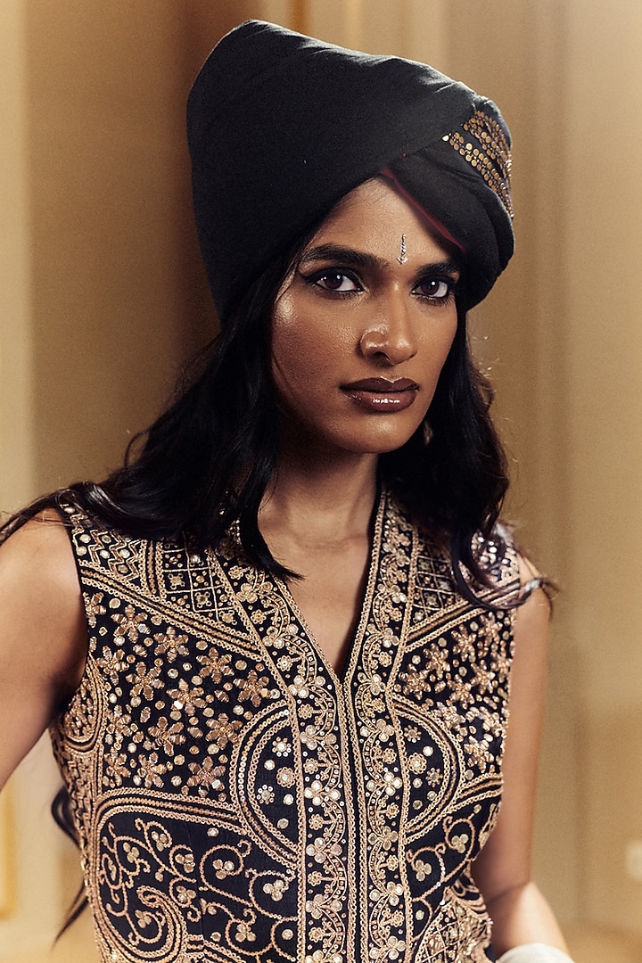 Black Raw Silk Mirror Work Wedding Lehenga Set by Punit Balana at Pernia's Pop Up Shop
