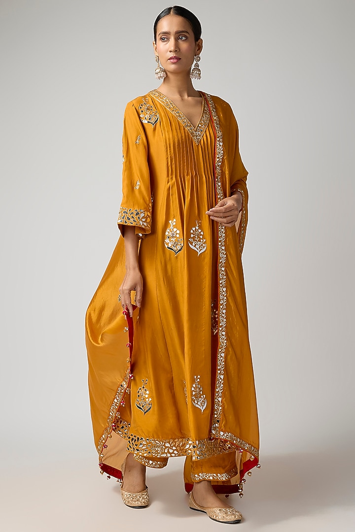 Sarso Yellow Silk Embroidered Kurta Set by Punit Balana at Pernia's Pop Up Shop