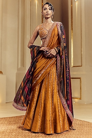 Mustard Raw Silk Mirror Work Lehenga Set by Punit Balana
