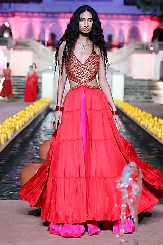 Surkh Laal Satin Silk Printed & Coin Work Dress by Punit Balana