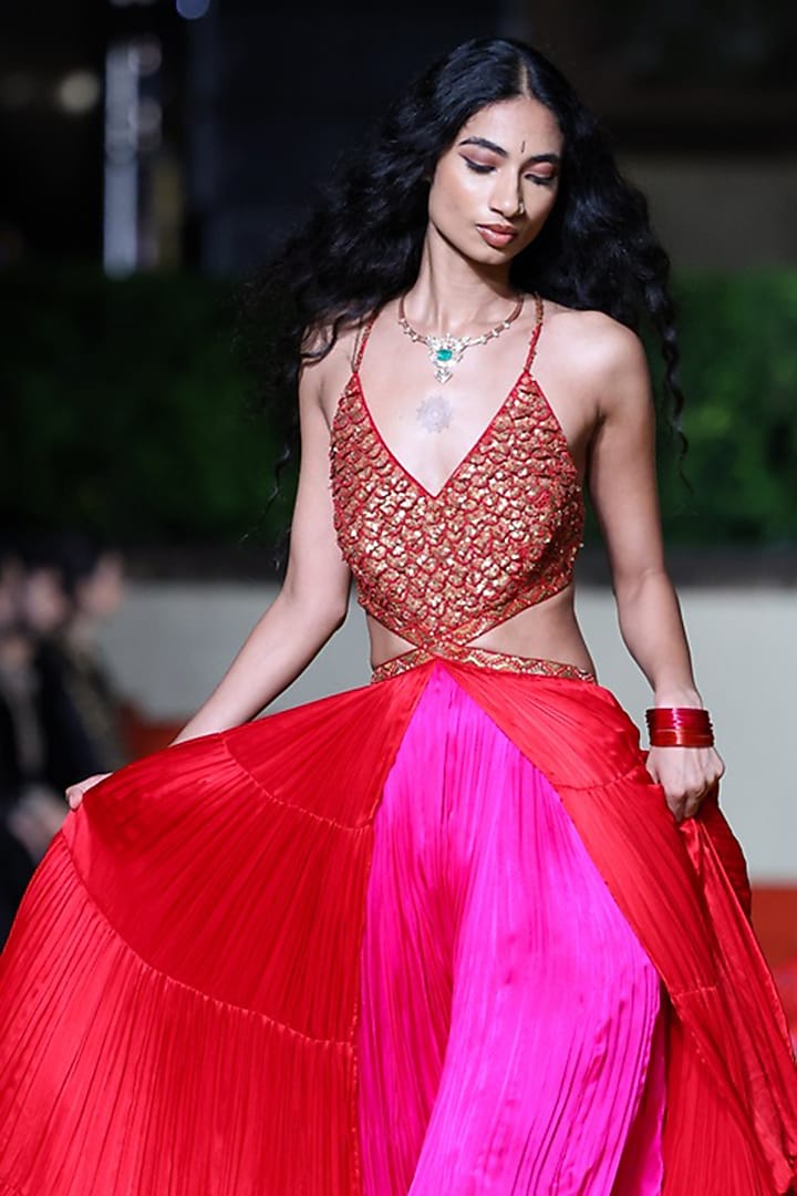 Surkh Laal Satin Silk Printed & Coin Work Cocktail Dress by Punit Balana at Pernia's Pop Up Shop
