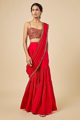 Surkh Lal Silk Gharara Saree Set by Punit Balana