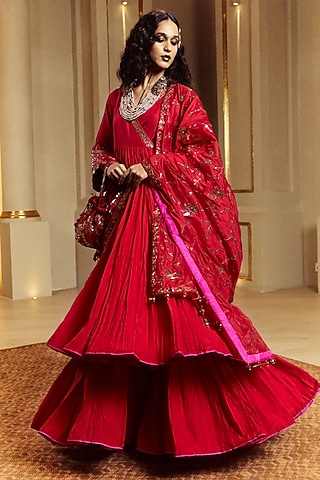 Surkh Laal Silk Tilla Work Anarkali Set by Punit Balana