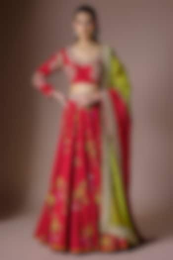 Red Pure Silk Hand Embroidered Wedding Lehenga Set by Punit Balana at Pernia's Pop Up Shop
