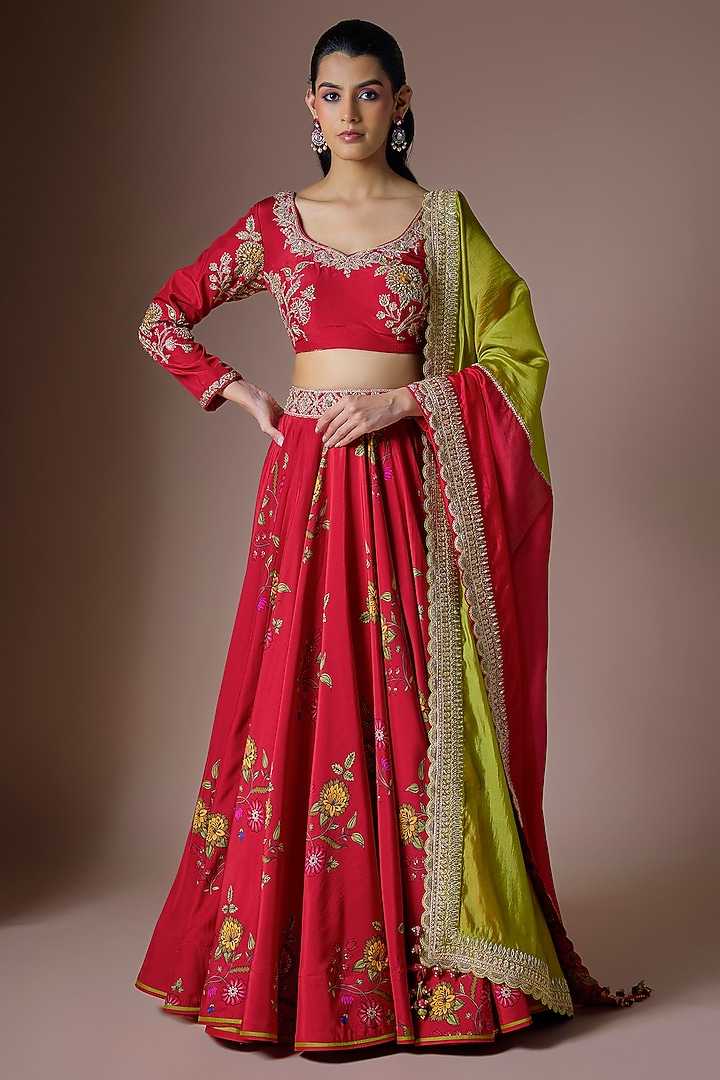 Red Pure Silk Hand Embroidered Wedding Lehenga Set by Punit Balana at Pernia's Pop Up Shop