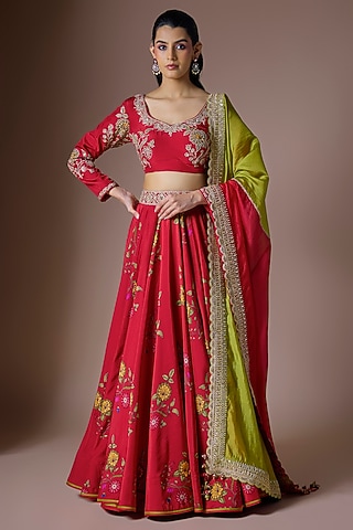 Red Pure Silk Hand Embroidered Lehenga Set by Punit Balana