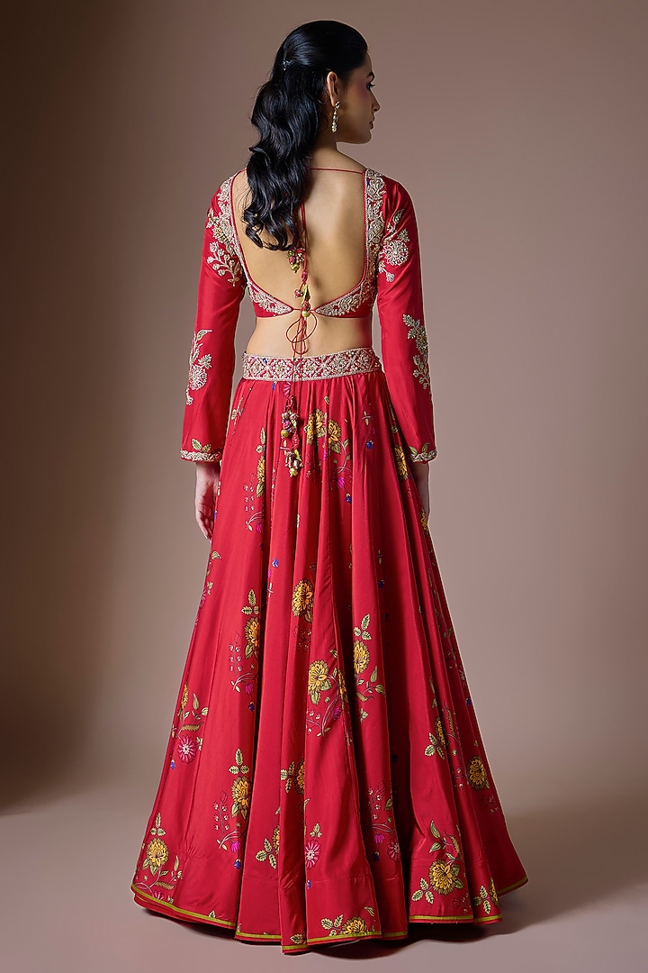 Red Pure Silk Hand Embroidered Wedding Lehenga Set by Punit Balana at Pernia's Pop Up Shop