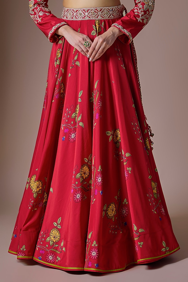 Red Pure Silk Hand Embroidered Wedding Lehenga Set by Punit Balana at Pernia's Pop Up Shop