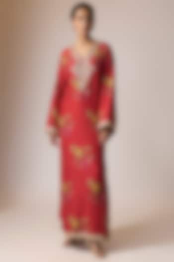 Surkh Laal Satin Silk Marodi Work & Printed Kaftan Set by Punit Balana at Pernia's Pop Up Shop