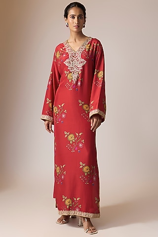 Surkh Laal Satin Silk Marodi Work & Printed Kaftan Set by Punit Balana