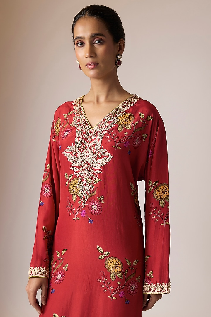 Surkh Laal Satin Silk Marodi Work & Printed Kaftan Set by Punit Balana at Pernia's Pop Up Shop