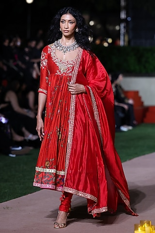 Surkh Laal Chanderi Silk Marodi Embroidered Anarkali Set by Punit Balana