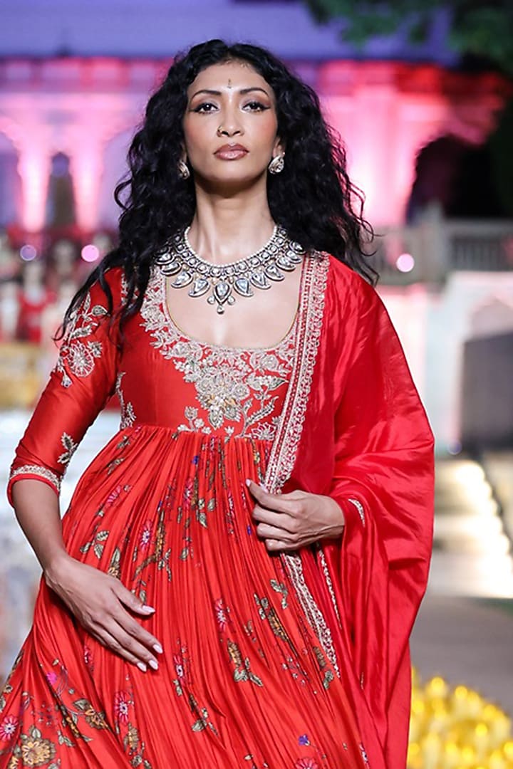 Surkh Laal Chanderi Silk Marodi Embroidered Bridal Anarkali Set by Punit Balana at Pernia's Pop Up Shop
