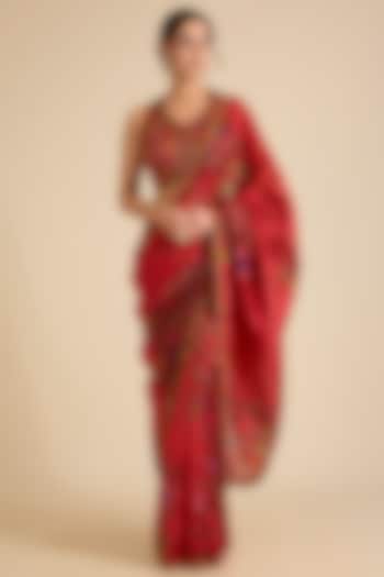 Red Organza Silk Printed & Hand Work Wedding Saree Set by Punit Balana at Pernia's Pop Up Shop