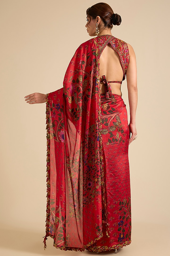 Red Organza Silk Printed & Hand Work Wedding Saree Set by Punit Balana at Pernia's Pop Up Shop