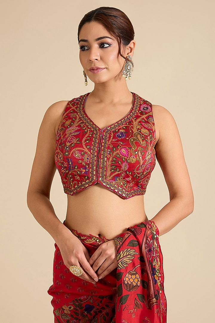 Red Organza Silk Printed & Hand Work Wedding Saree Set by Punit Balana at Pernia's Pop Up Shop