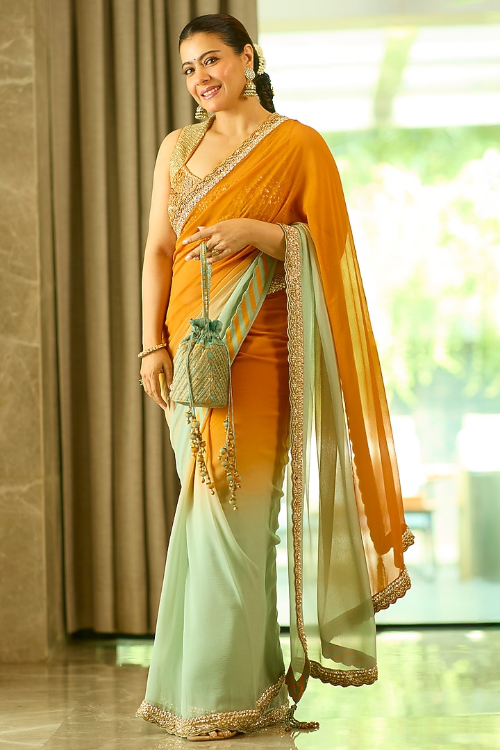 Mustard & Sage Green Silk Organza Zardosi Embellished Ombre Reception Saree Set by Punit Balana at Pernia's Pop Up Shop