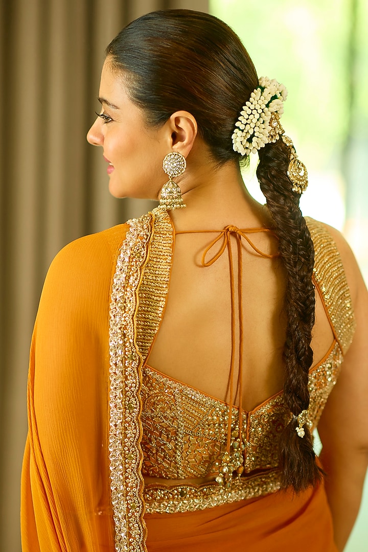 Mustard & Sage Green Silk Organza Zardosi Embellished Ombre Reception Saree Set by Punit Balana at Pernia's Pop Up Shop