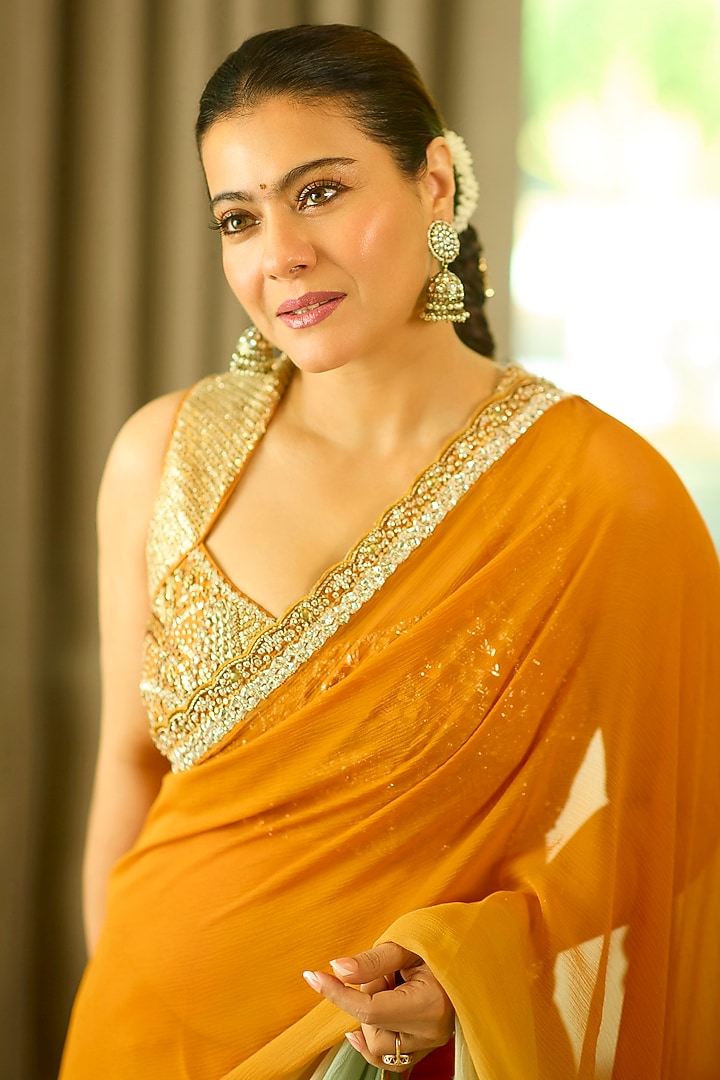 Mustard & Sage Green Silk Organza Zardosi Embellished Ombre Reception Saree Set by Punit Balana at Pernia's Pop Up Shop