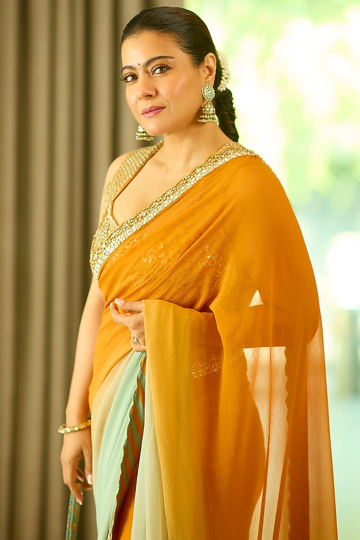Mustard & Sage Green Silk Organza Zardosi Embellished Ombre Reception Saree Set by Punit Balana at Pernia's Pop Up Shop