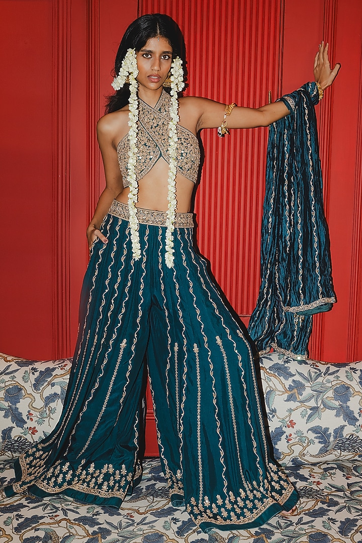Teal Silk Marodi Work Bridal Sharara Set by Punit Balana at Pernia's Pop Up Shop