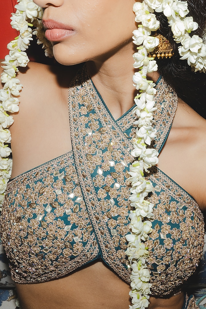 Teal Silk Marodi Work Bridal Sharara Set by Punit Balana at Pernia's Pop Up Shop