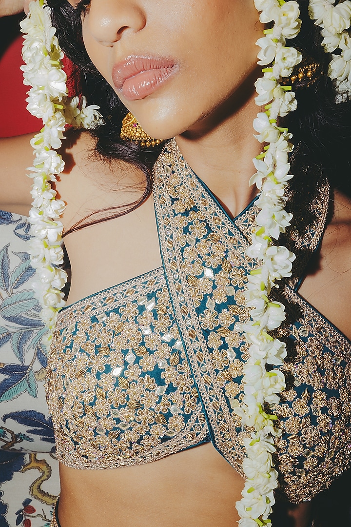 Teal Silk Marodi Work Bridal Sharara Set by Punit Balana at Pernia's Pop Up Shop