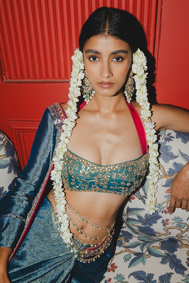 Teal Banarasi Crushed Tissue Silk Hand Embroidered Reception Saree Set by Punit Balana at Pernia's Pop Up Shop