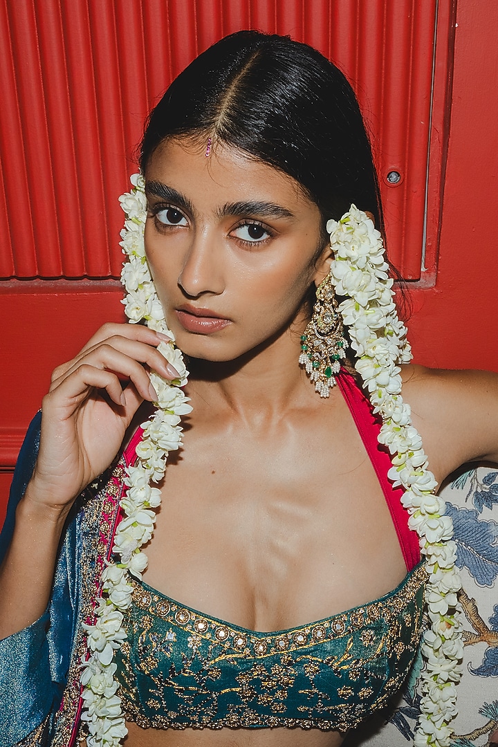 Teal Banarasi Crushed Tissue Silk Hand Embroidered Reception Saree Set by Punit Balana at Pernia's Pop Up Shop
