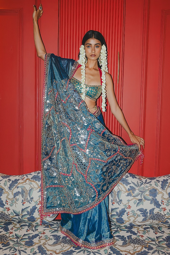 Teal Banarasi Crushed Tissue Silk Hand Embroidered Reception Saree Set by Punit Balana at Pernia's Pop Up Shop