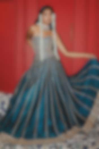 Teal Raw Silk Skirt Set by Punit Balana at Pernia's Pop Up Shop