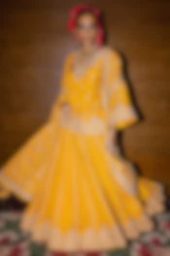 Sarso Yellow Banarasi Crushed Tissue Zardosi Embroidery Bridal Lehenga Set by Punit Balana at Pernia's Pop Up Shop
