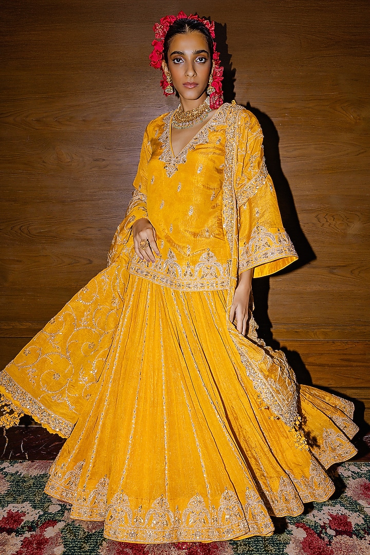 Sarso Yellow Banarasi Crushed Tissue Zardosi Embroidery Bridal Lehenga Set by Punit Balana at Pernia's Pop Up Shop
