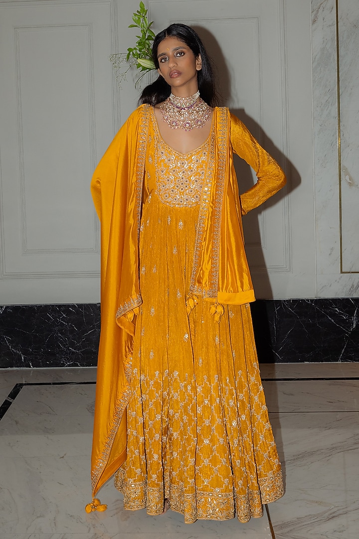 Sarso Yellow Banarasi Tissue Silk Marodi Embroidery Bridal Anarkali Set by Punit Balana at Pernia's Pop Up Shop