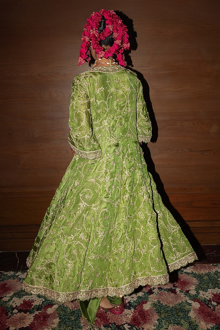 Green Banarasi Crushed Tissue Silk Marodi Embellished Bridal Anarkali Set by Punit Balana at Pernia's Pop Up Shop