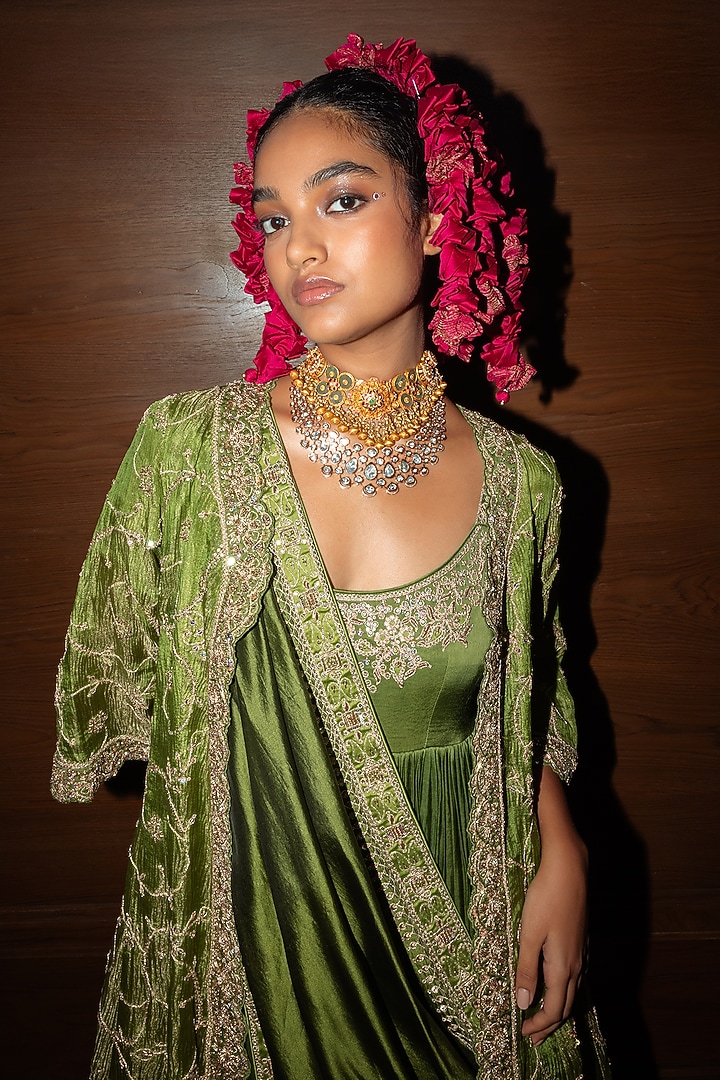 Green Banarasi Crushed Tissue Silk Marodi Embellished Bridal Anarkali Set by Punit Balana at Pernia's Pop Up Shop