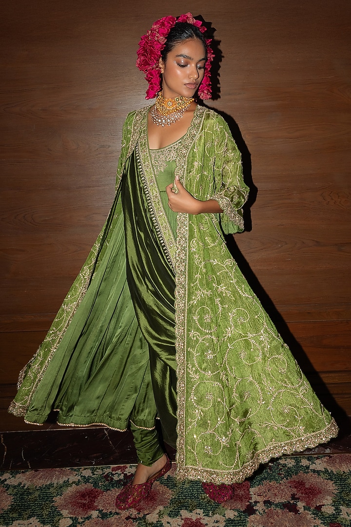 Green Banarasi Crushed Tissue Silk Marodi Embellished Bridal Anarkali Set by Punit Balana at Pernia's Pop Up Shop