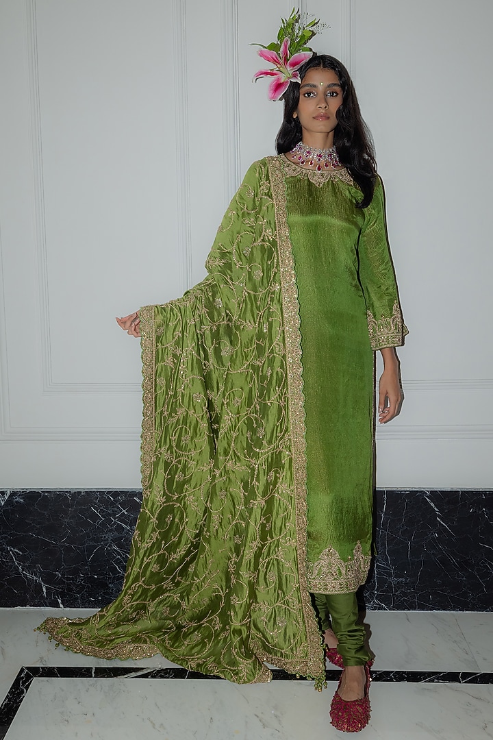 Green Banarasi Tissue Silk Zardosi Work Straight Kurta Set by Punit Balana at Pernia's Pop Up Shop