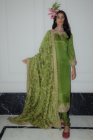 Green Banarasi Tissue Silk Zardosi Work Straight Kurta Set by Punit Balana