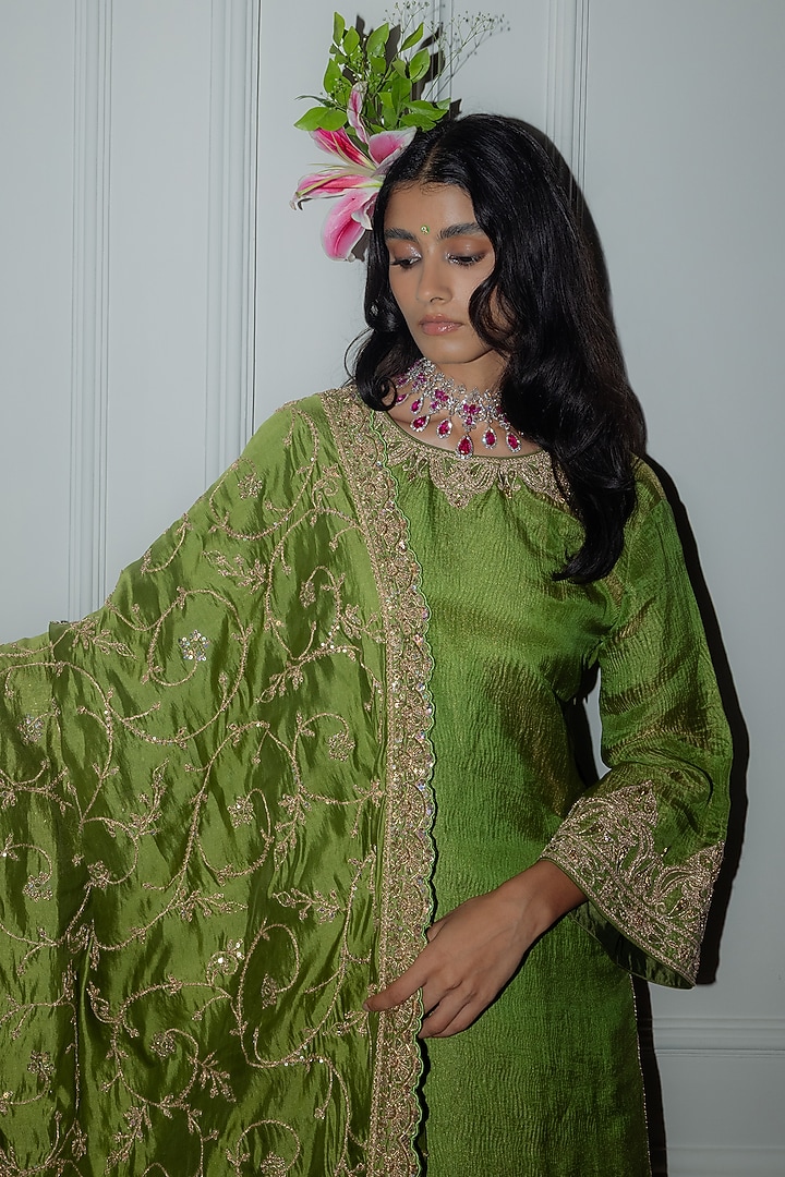 Green Banarasi Tissue Silk Zardosi Work Straight Kurta Set by Punit Balana at Pernia's Pop Up Shop