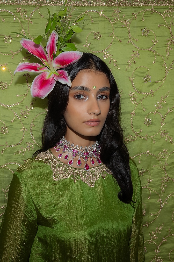 Green Banarasi Tissue Silk Zardosi Work Straight Kurta Set by Punit Balana at Pernia's Pop Up Shop