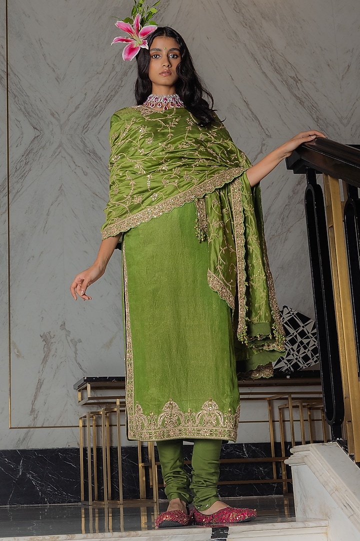 Green Banarasi Tissue Silk Zardosi Work Straight Kurta Set by Punit Balana at Pernia's Pop Up Shop