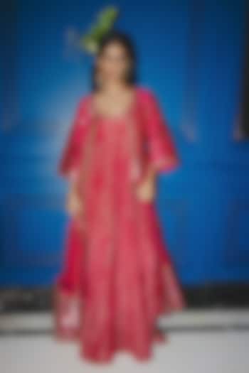 Raspberry-Colored Raw Silk & Banarasi Tissue Silk Tilla Work Jacket Bridal Anarkali by Punit Balana at Pernia's Pop Up Shop
