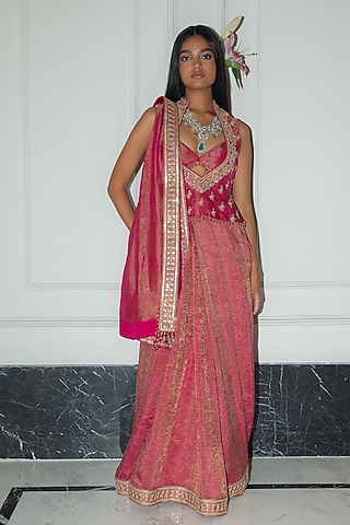 Raspberry Banarasi Crushed Tissue Silk Saree Set by punit balana