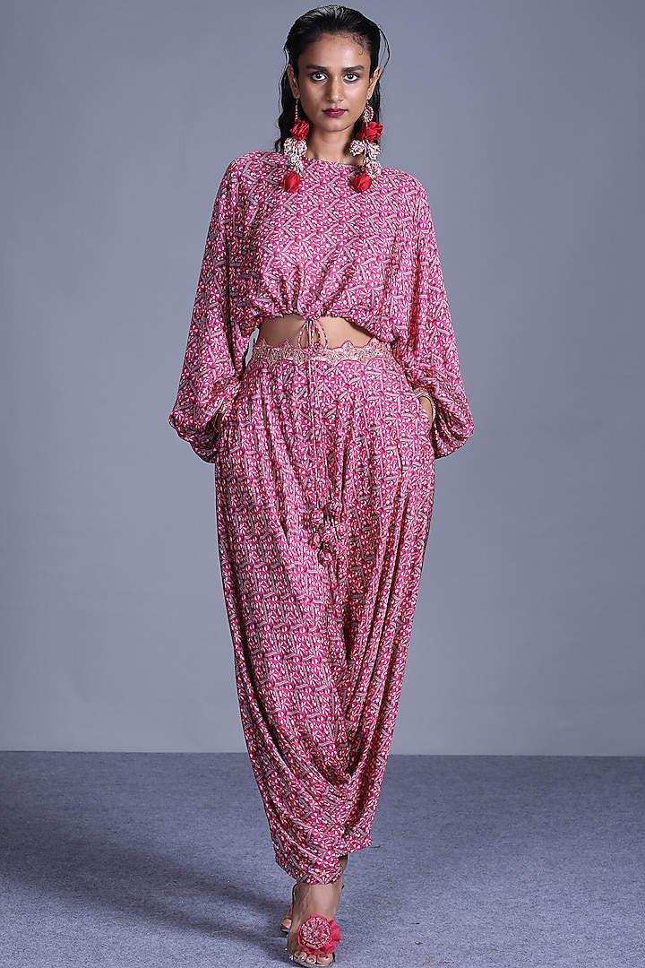 Pink Printed Top With Pants by Punit Balana
