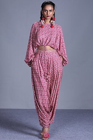 Pink Printed Top With Pants by Punit Balana