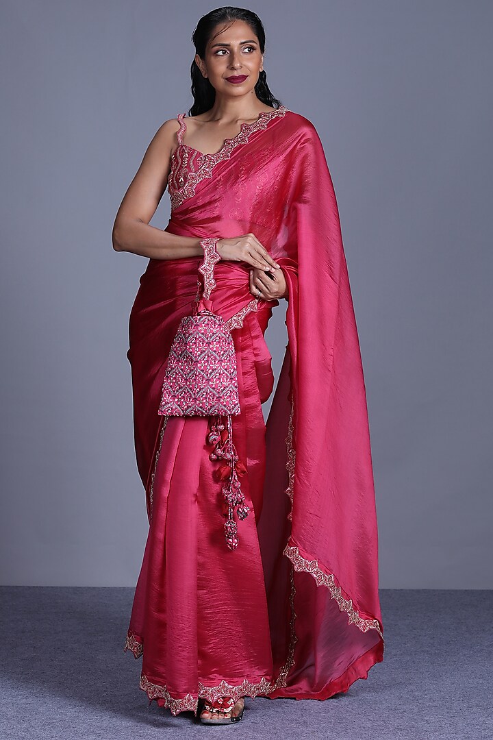 Pink Hand Embroidered Saree Set by Punit Balana