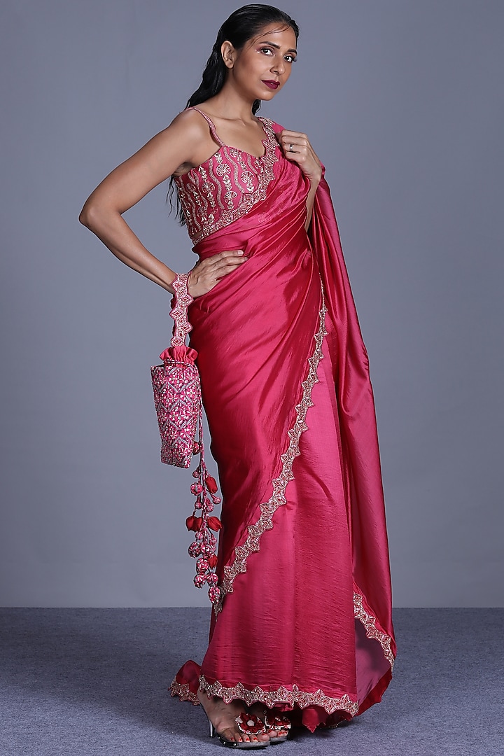 Pink Hand Embroidered Wedding Saree Set by Punit Balana at Pernia's Pop Up Shop
