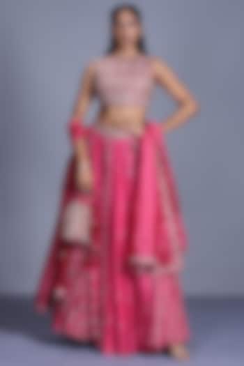 Pink Printed & Embroidered Skirt Set by Punit Balana