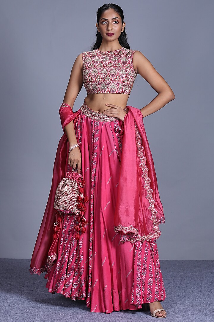 Pink Printed & Embroidered Skirt Set by Punit Balana
